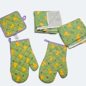 Easter Kitchen Linen Set Chick Oven Mitts Pot Holder Towels 5pc